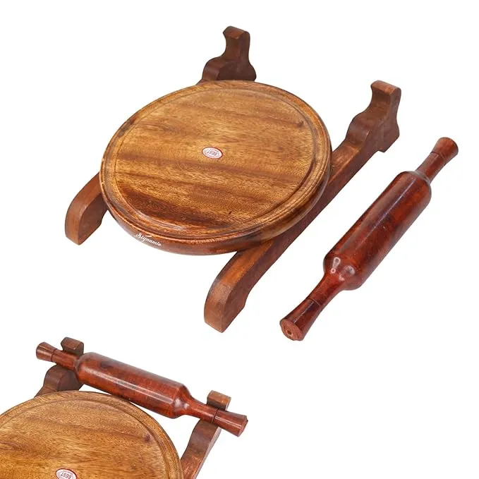 Wooden Chakla Belan Set for Kitchen - Roti Maker with Rolling Pin and Board Stand - Perfect Chapati Rolling Board